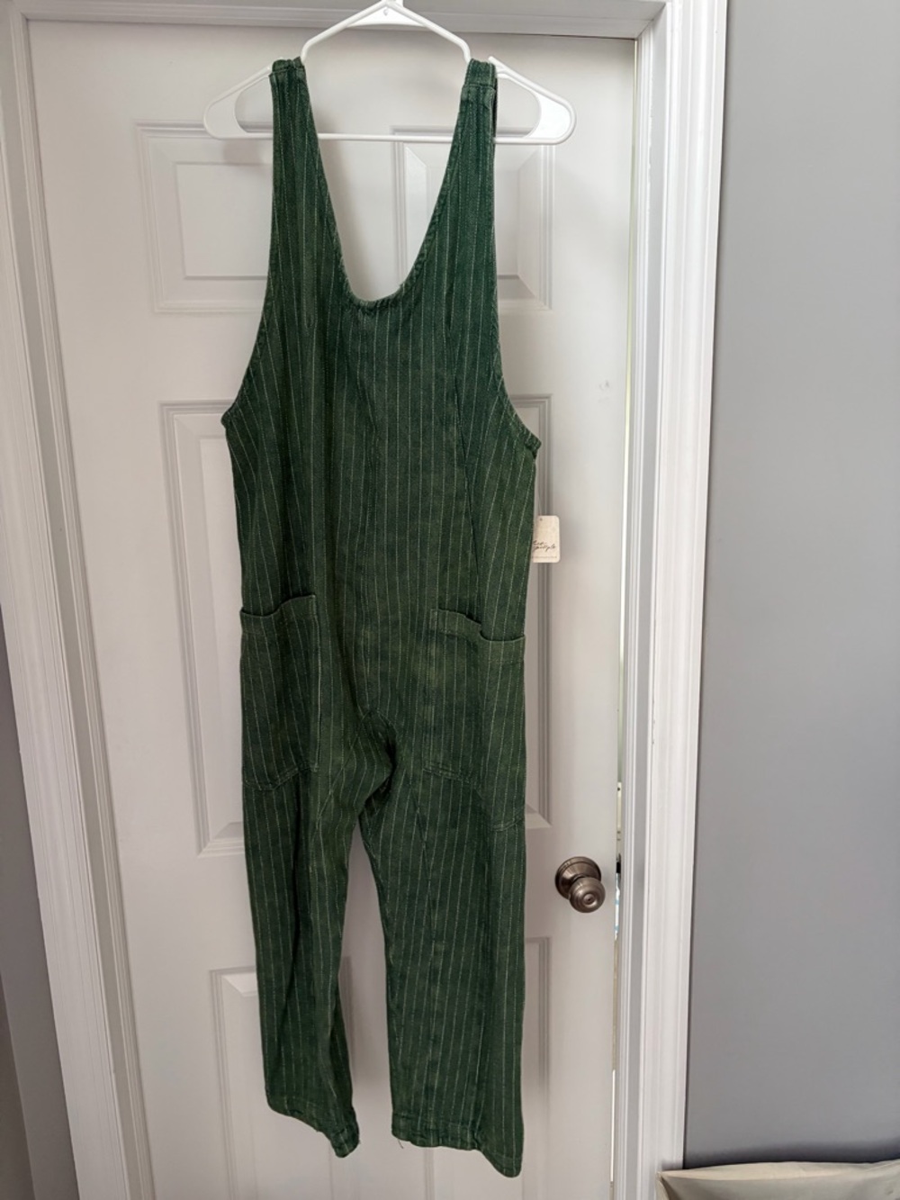Free People Olive Green Pinstripe Cotton Jumpsuit